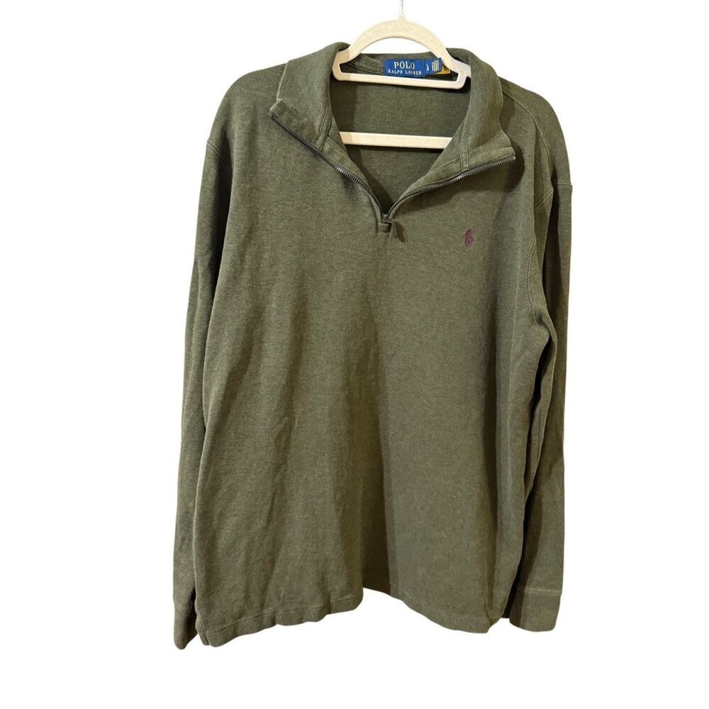 POLO Ralph Lauren Men’s Quarter-Zip Pullover Sweater Olive Green L Purple Pony